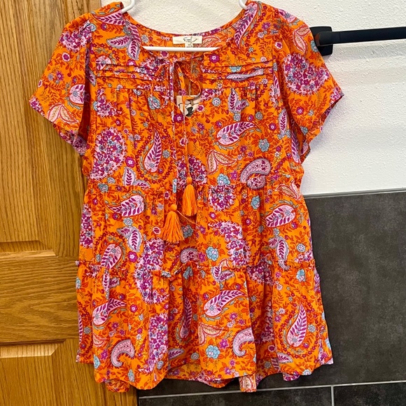 NWT Easel Camile Orange Purple Pink Floral Paisley Top Blouse Size Medium - Picture 2 of 7